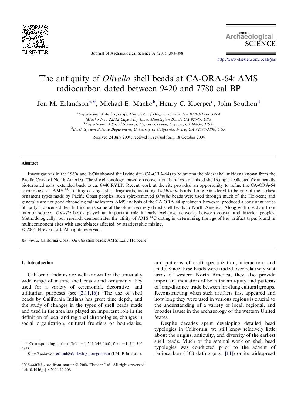 The antiquity of Olivella shell beads at CA-ORA-64: AMS radiocarbon dated between 9420 and 7780 cal BP