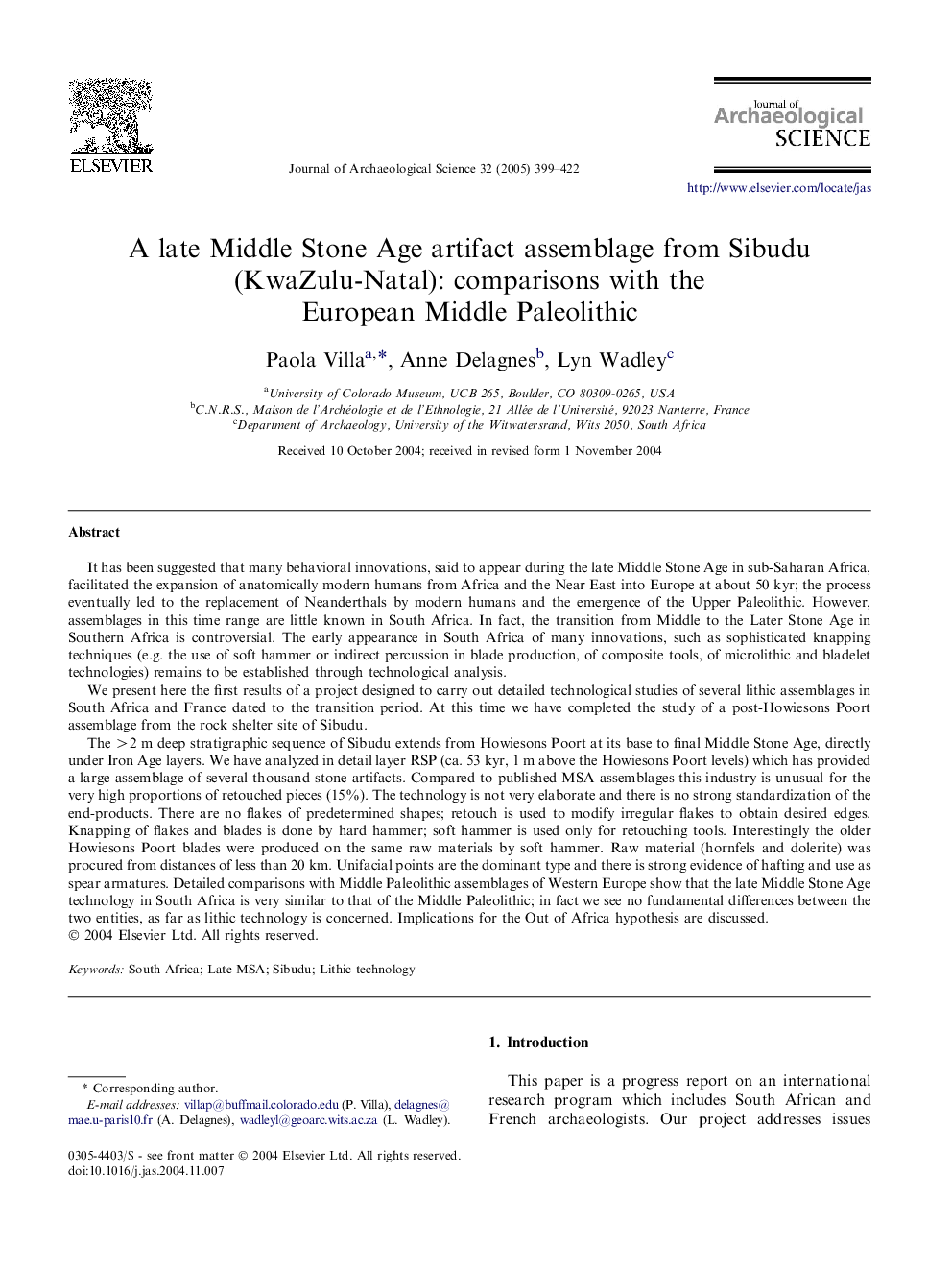 A late Middle Stone Age artifact assemblage from Sibudu (KwaZulu-Natal): comparisons with the European Middle Paleolithic