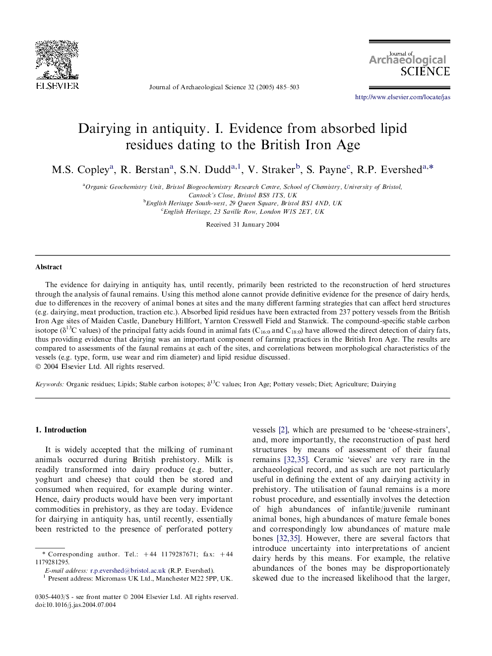 Dairying in antiquity. I. Evidence from absorbed lipid residues dating to the British Iron Age