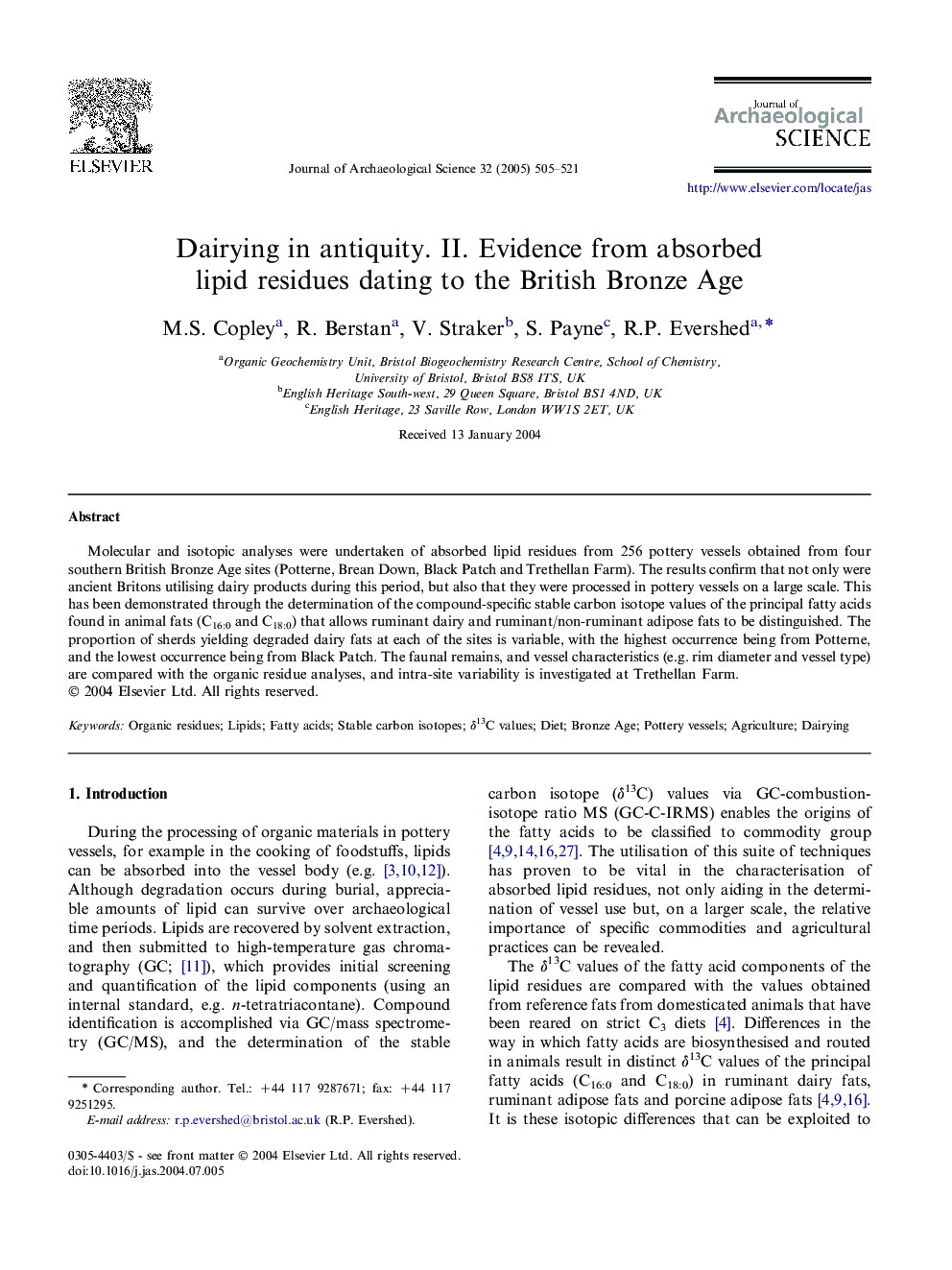 Dairying in antiquity. II. Evidence from absorbed lipid residues dating to the British Bronze Age