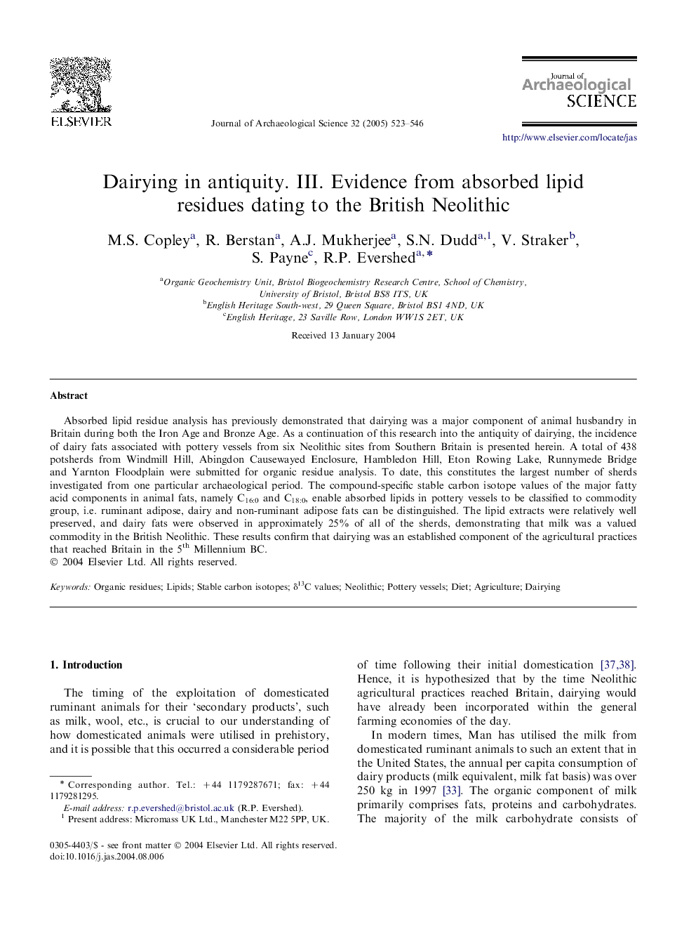 Dairying in antiquity. III. Evidence from absorbed lipid residues dating to the British Neolithic