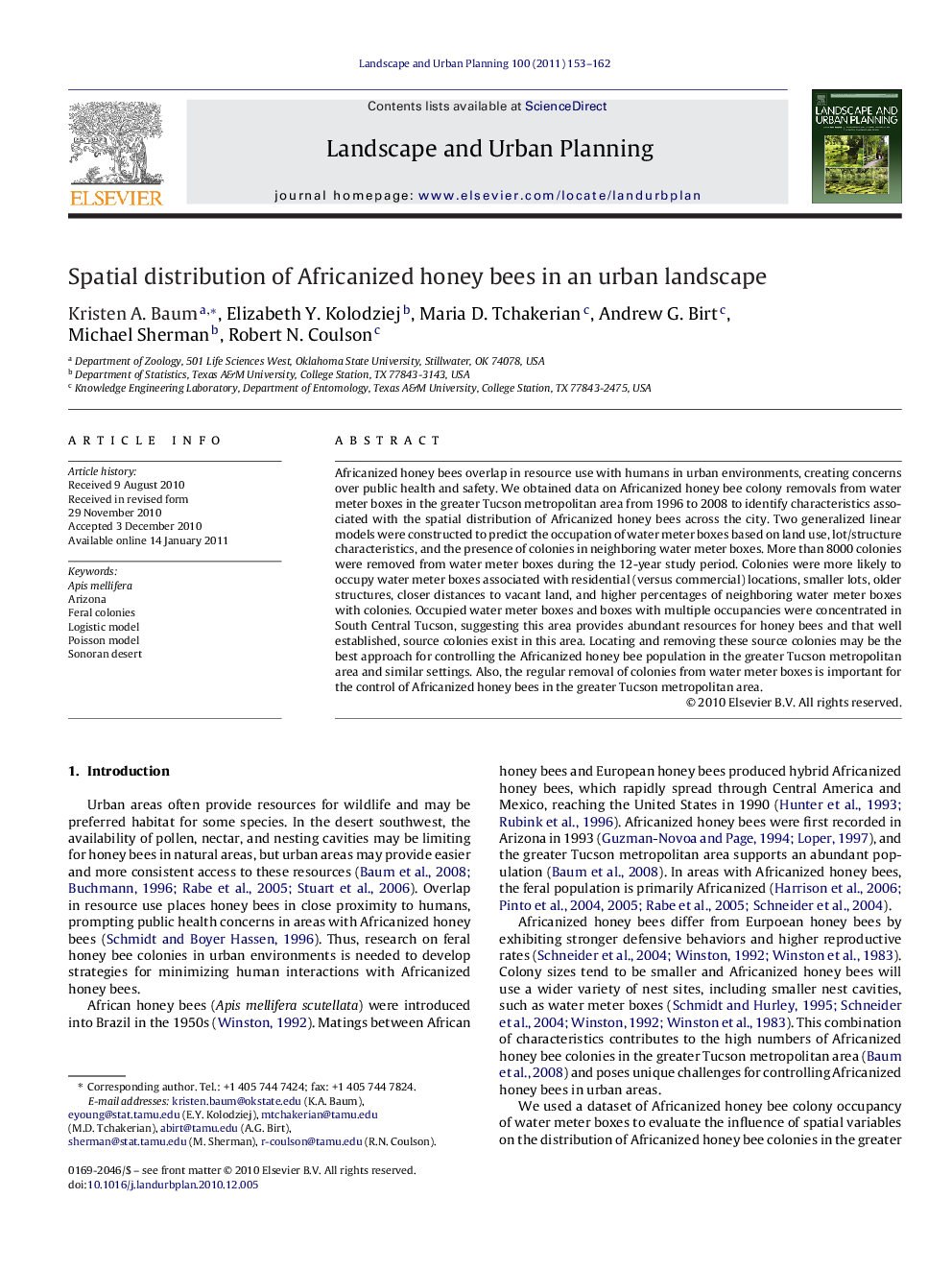 Spatial distribution of Africanized honey bees in an urban landscape