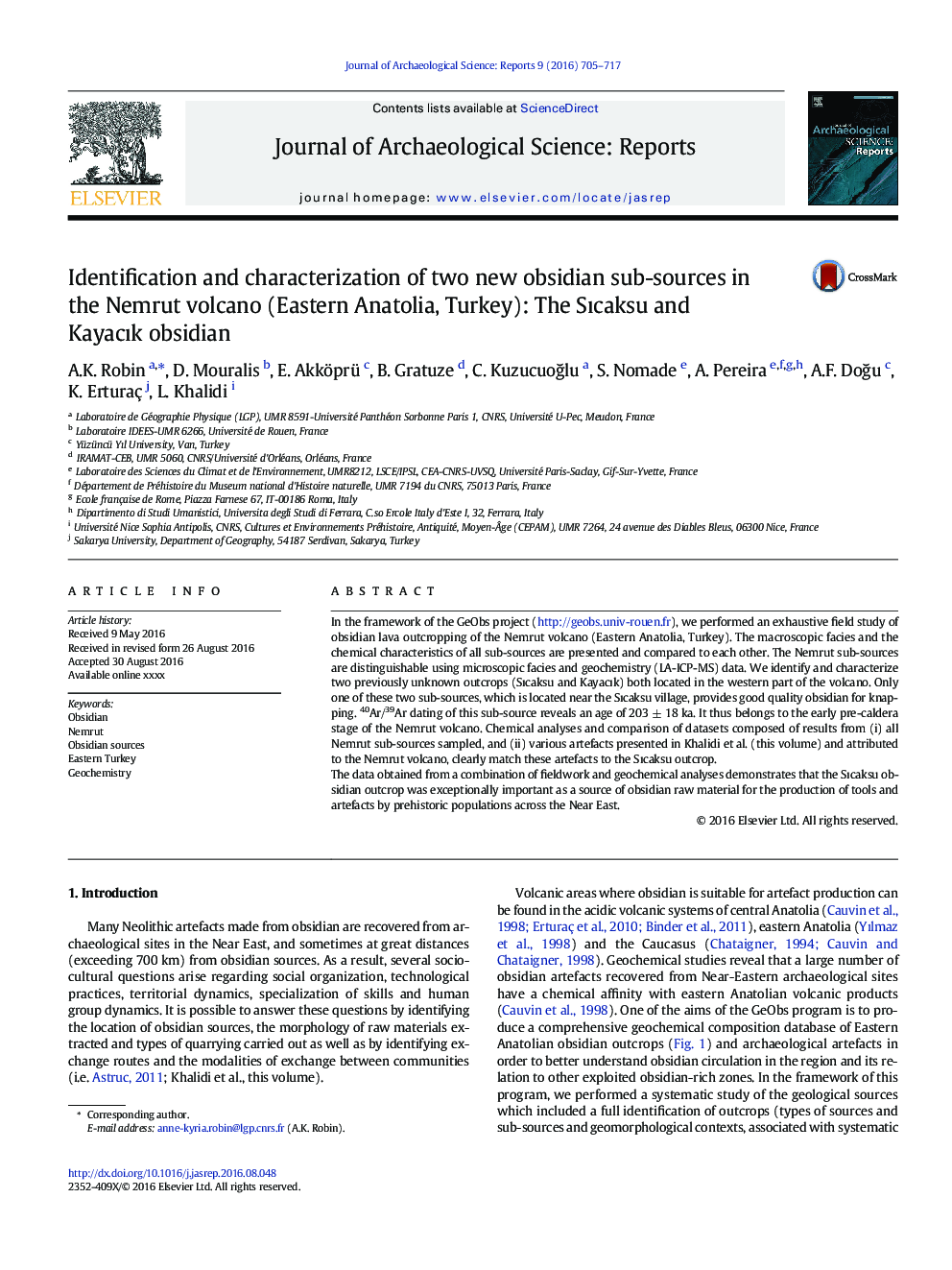 Identification and characterization of two new obsidian sub-sources in the Nemrut volcano (Eastern Anatolia, Turkey): The SÄ±caksu and KayacÄ±k obsidian