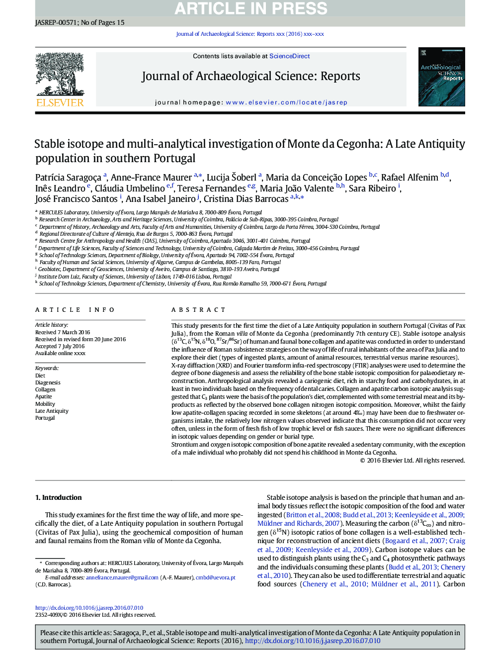 Stable isotope and multi-analytical investigation of Monte da Cegonha: A Late Antiquity population in southern Portugal