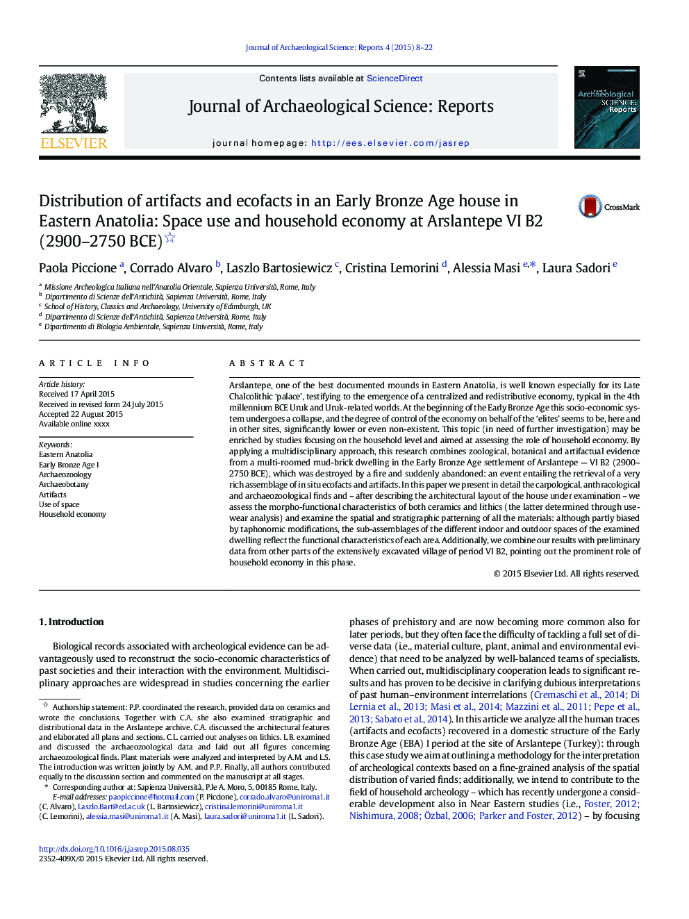 Distribution of artifacts and ecofacts in an Early Bronze Age house in Eastern Anatolia: Space use and household economy at Arslantepe VI B2 (2900-2750 BCE)