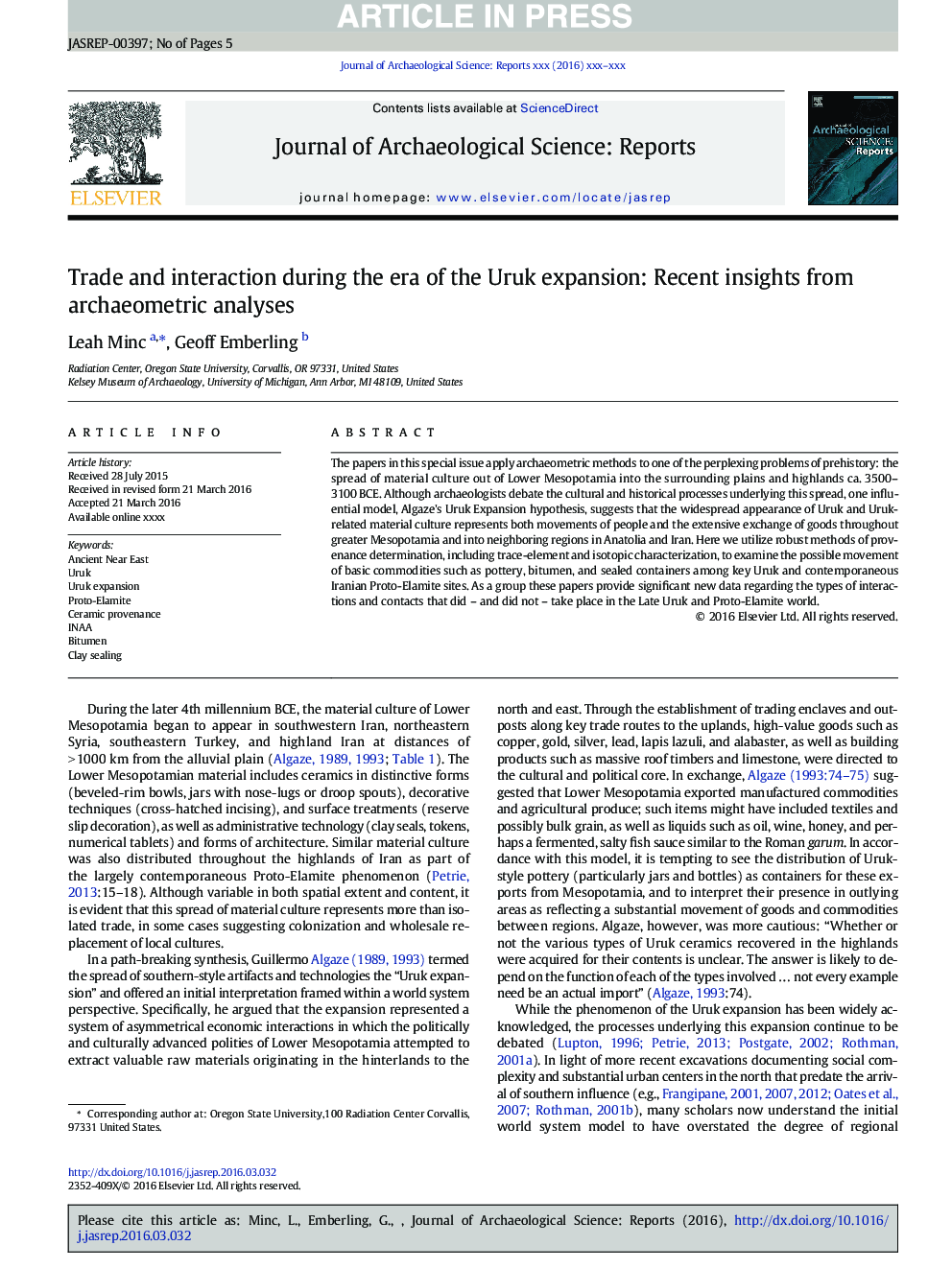 Trade and interaction during the era of the Uruk expansion: Recent insights from archaeometric analyses