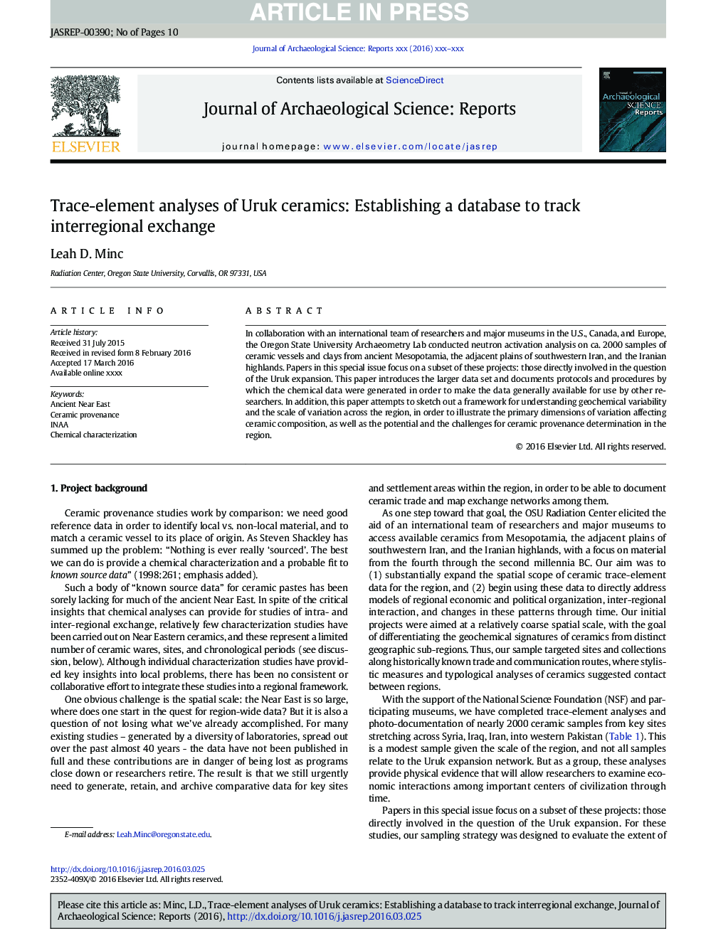 Trace-element analyses of Uruk ceramics: Establishing a database to track interregional exchange