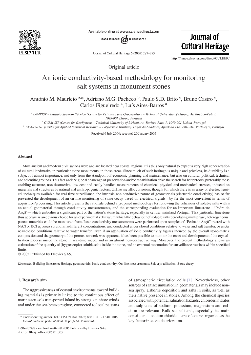 An ionic conductivity-based methodology for monitoring salt systems in monument stones