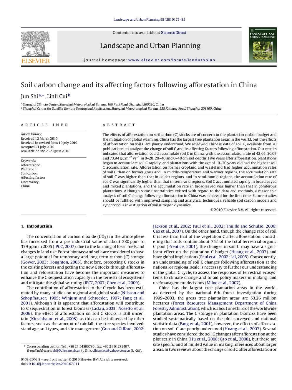 Soil carbon change and its affecting factors following afforestation in China