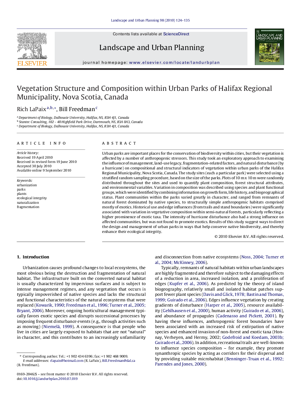 Vegetation Structure and Composition within Urban Parks of Halifax Regional Municipality, Nova Scotia, Canada