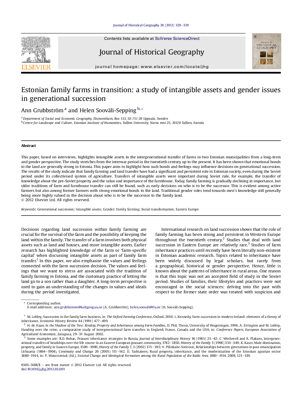 Estonian family farms in transition: a study of intangible assets and gender issues in generational succession