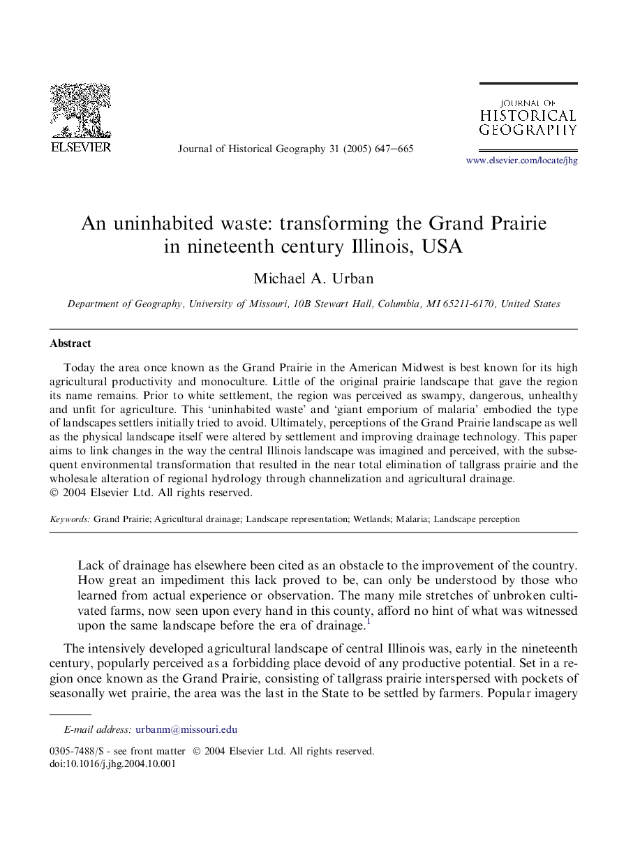 An uninhabited waste: transforming the Grand Prairie in nineteenth century Illinois, USA