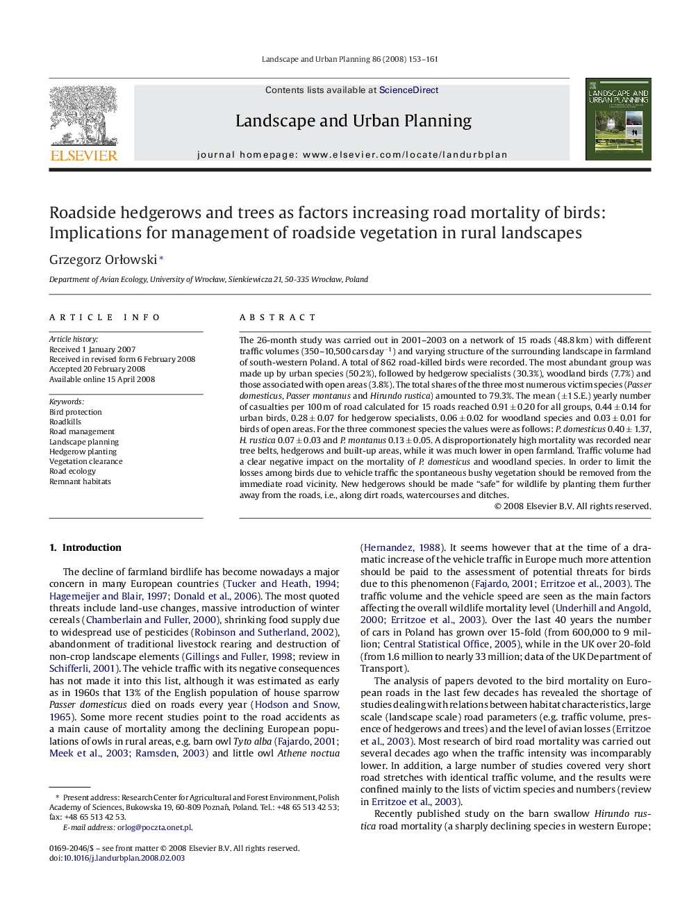 Roadside hedgerows and trees as factors increasing road mortality of birds: Implications for management of roadside vegetation in rural landscapes