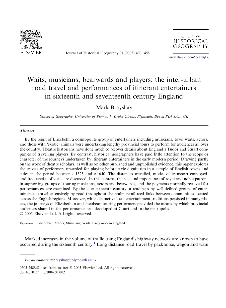 Waits, musicians, bearwards and players: the inter-urban road travel and performances of itinerant entertainers in sixteenth and seventeenth century England