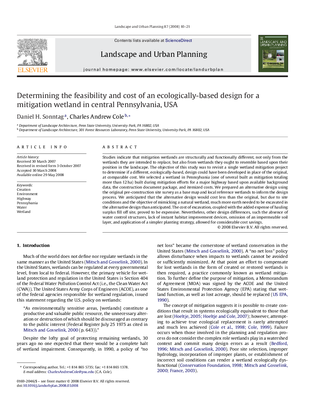 Determining the feasibility and cost of an ecologically-based design for a mitigation wetland in central Pennsylvania, USA