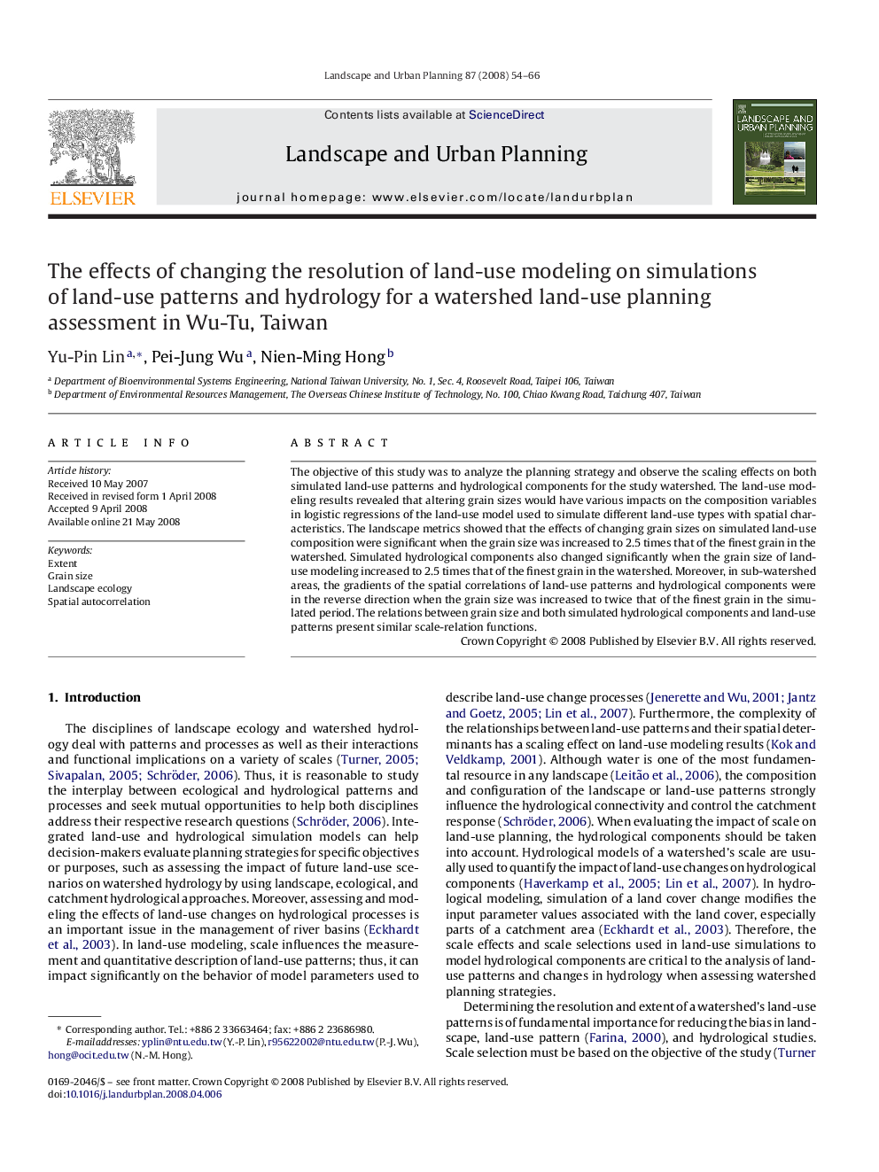 The effects of changing the resolution of land-use modeling on simulations of land-use patterns and hydrology for a watershed land-use planning assessment in Wu-Tu, Taiwan