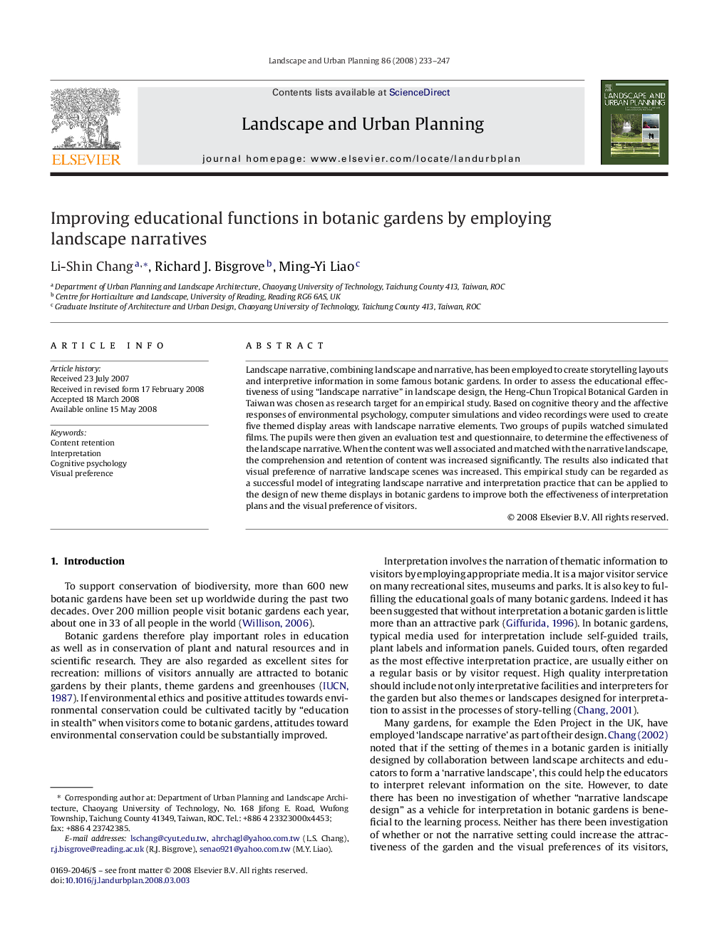 Improving educational functions in botanic gardens by employing landscape narratives