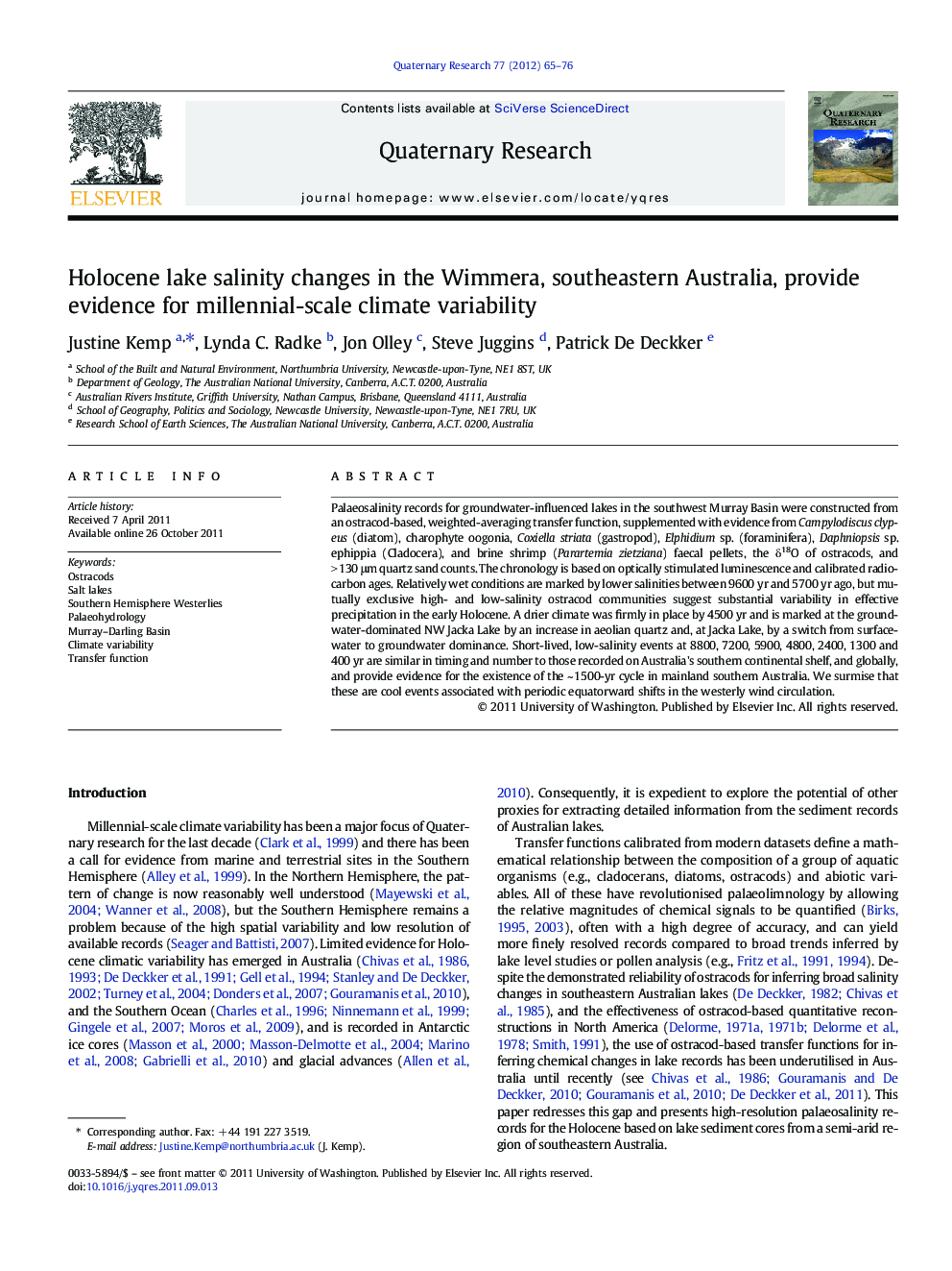 Holocene lake salinity changes in the Wimmera, southeastern Australia, provide evidence for millennial-scale climate variability