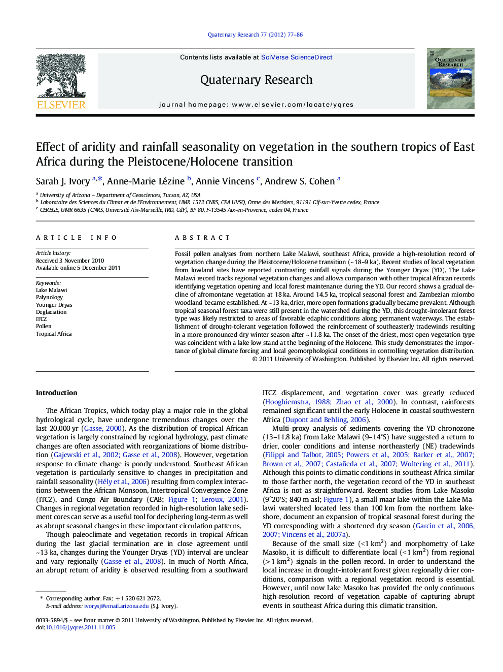 Effect of aridity and rainfall seasonality on vegetation in the southern tropics of East Africa during the Pleistocene/Holocene transition