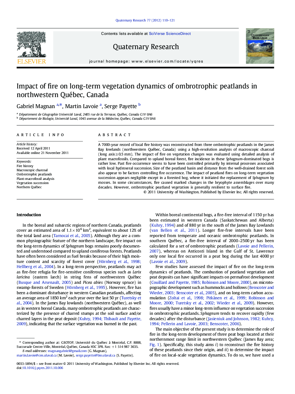 Impact of fire on long-term vegetation dynamics of ombrotrophic peatlands in northwestern Québec, Canada