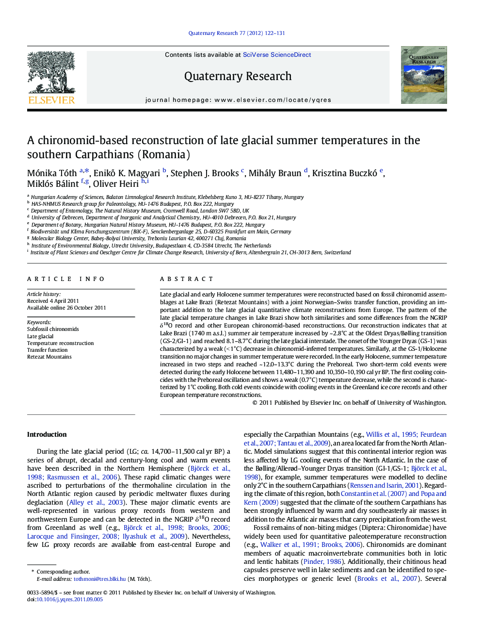 A chironomid-based reconstruction of late glacial summer temperatures in the southern Carpathians (Romania)