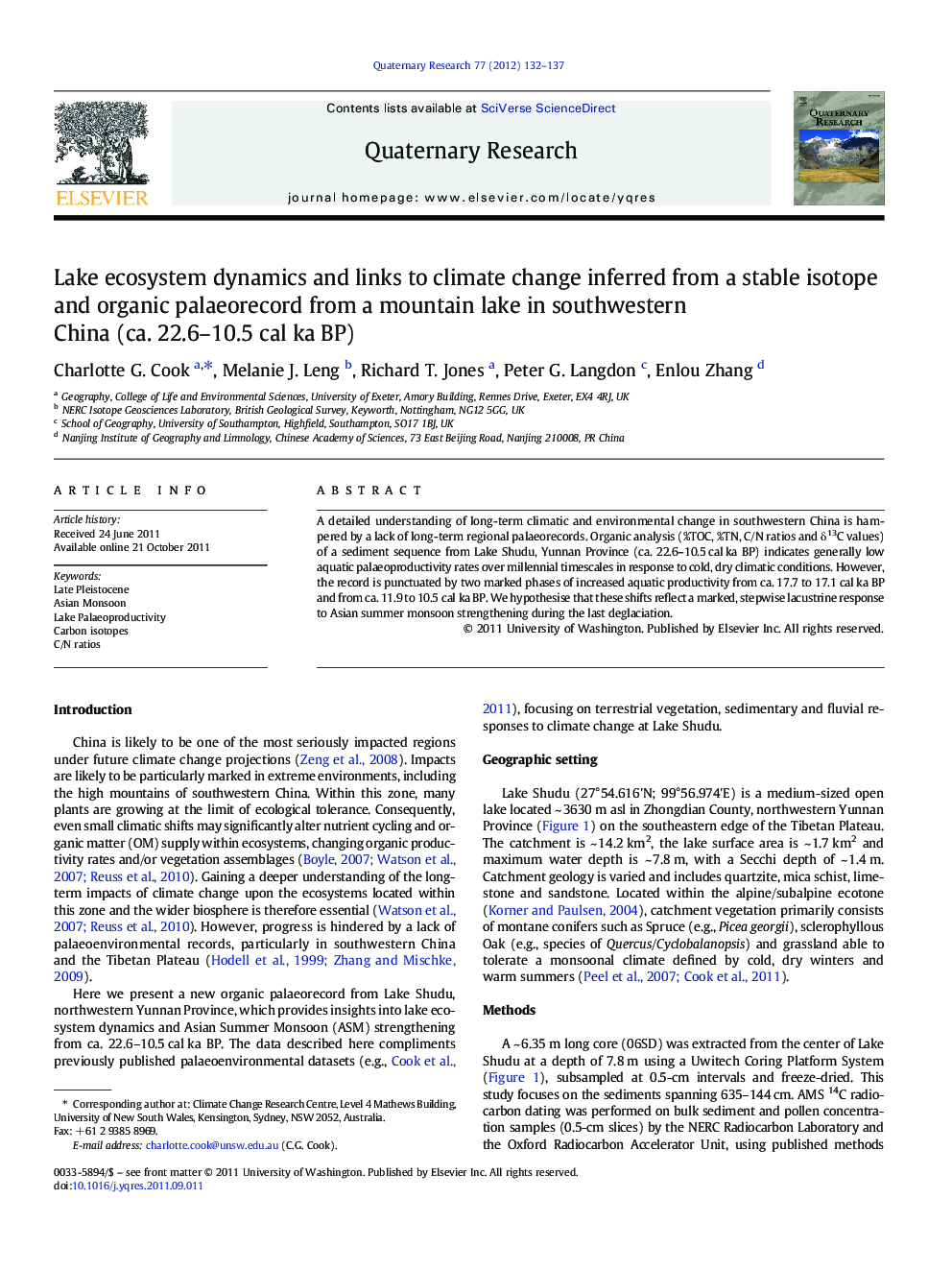 Lake ecosystem dynamics and links to climate change inferred from a stable isotope and organic palaeorecord from a mountain lake in southwestern China (ca. 22.6-10.5 cal ka BP)