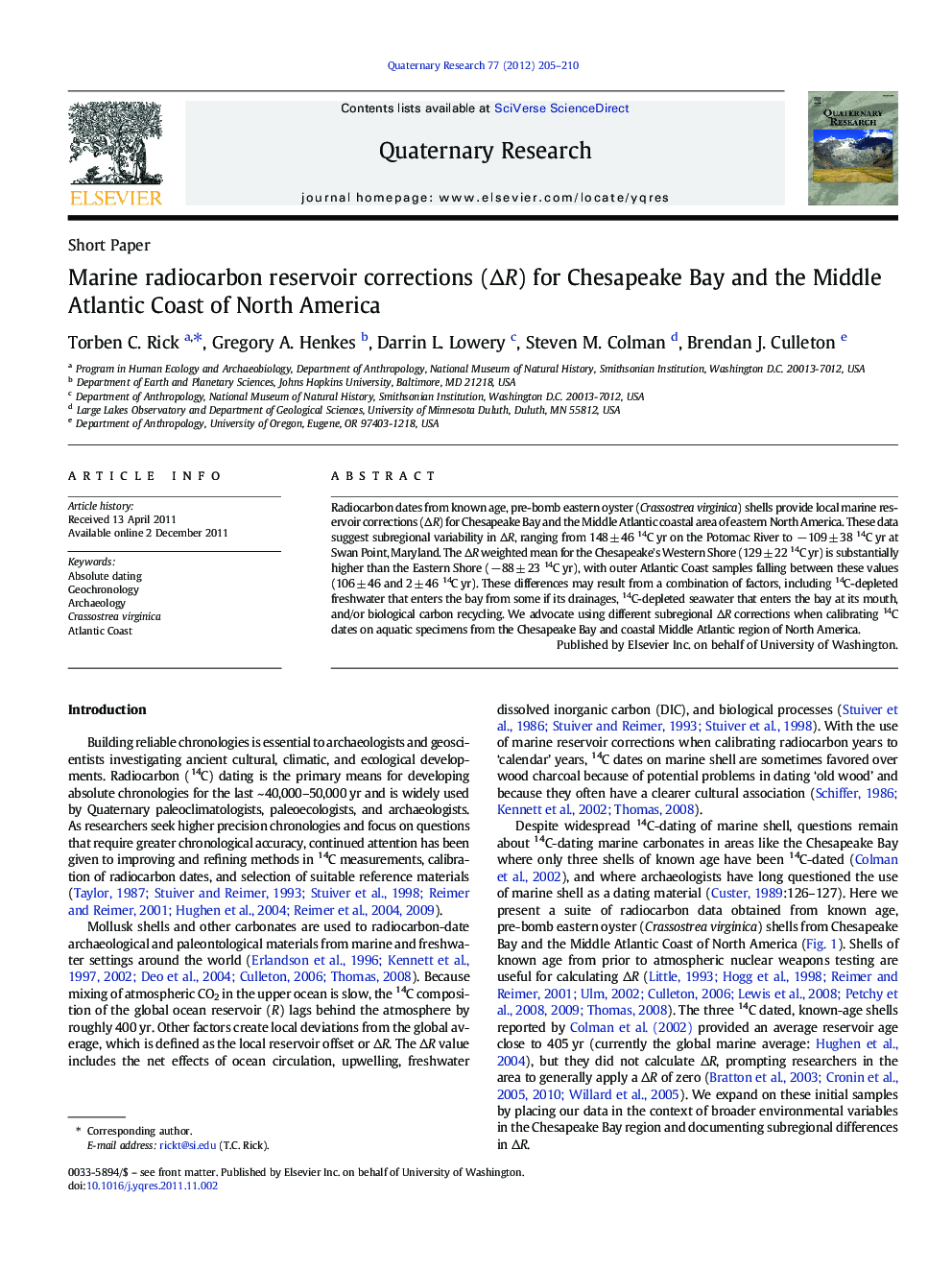 Marine radiocarbon reservoir corrections (âR) for Chesapeake Bay and the Middle Atlantic Coast of North America