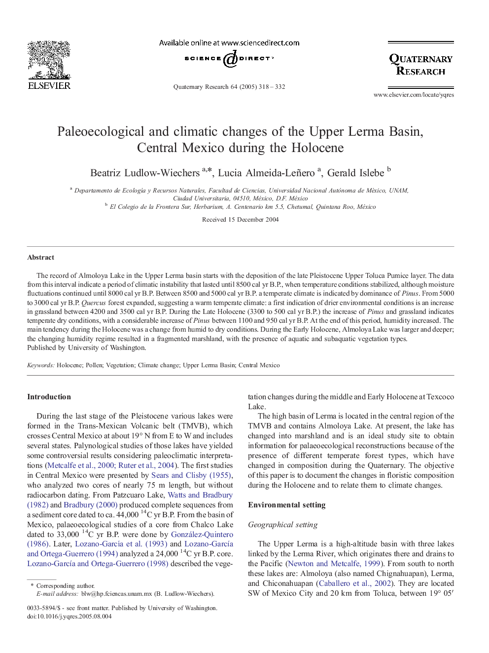 Paleoecological and climatic changes of the Upper Lerma Basin, Central Mexico during the Holocene