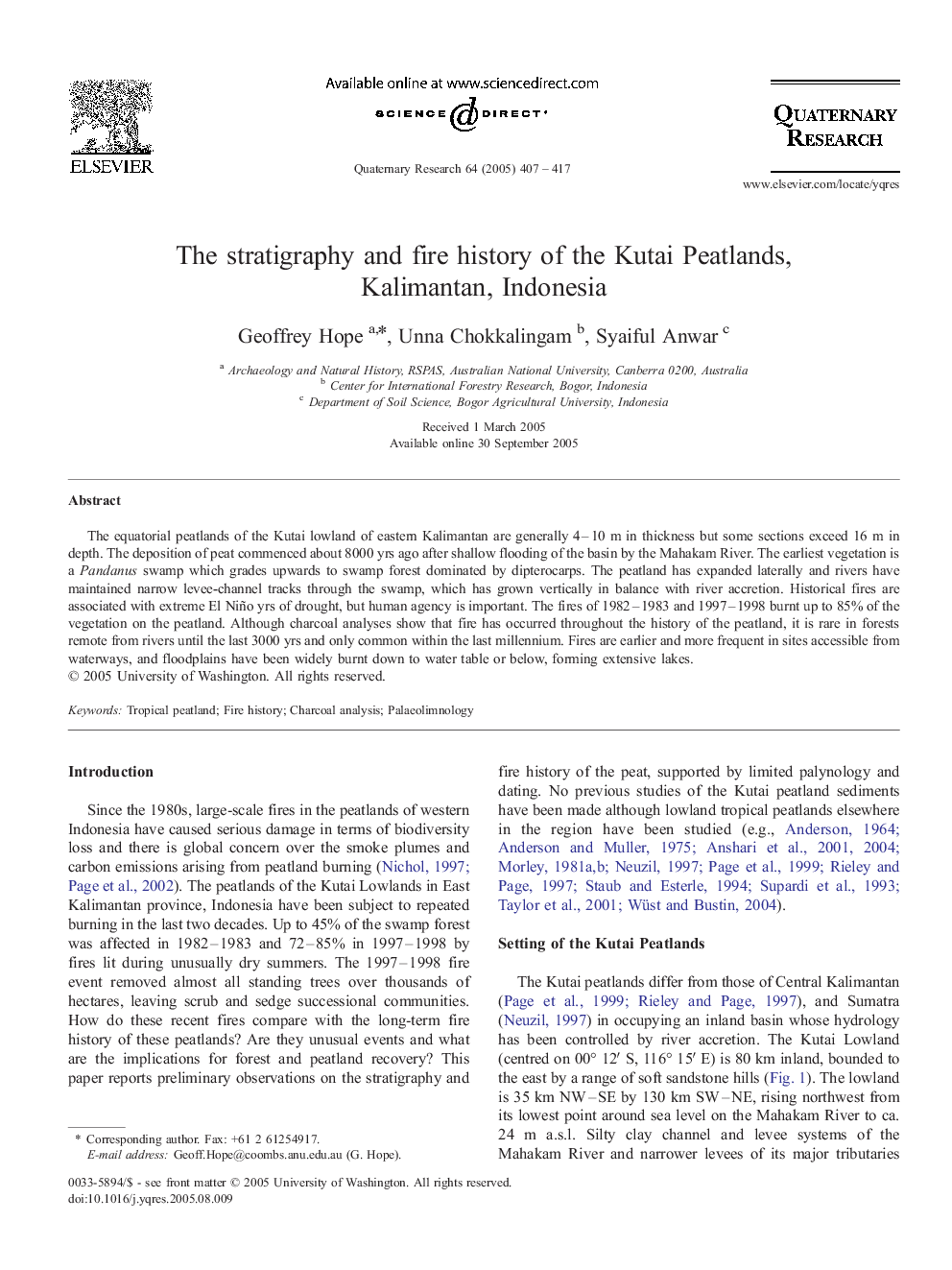 The stratigraphy and fire history of the Kutai Peatlands, Kalimantan, Indonesia