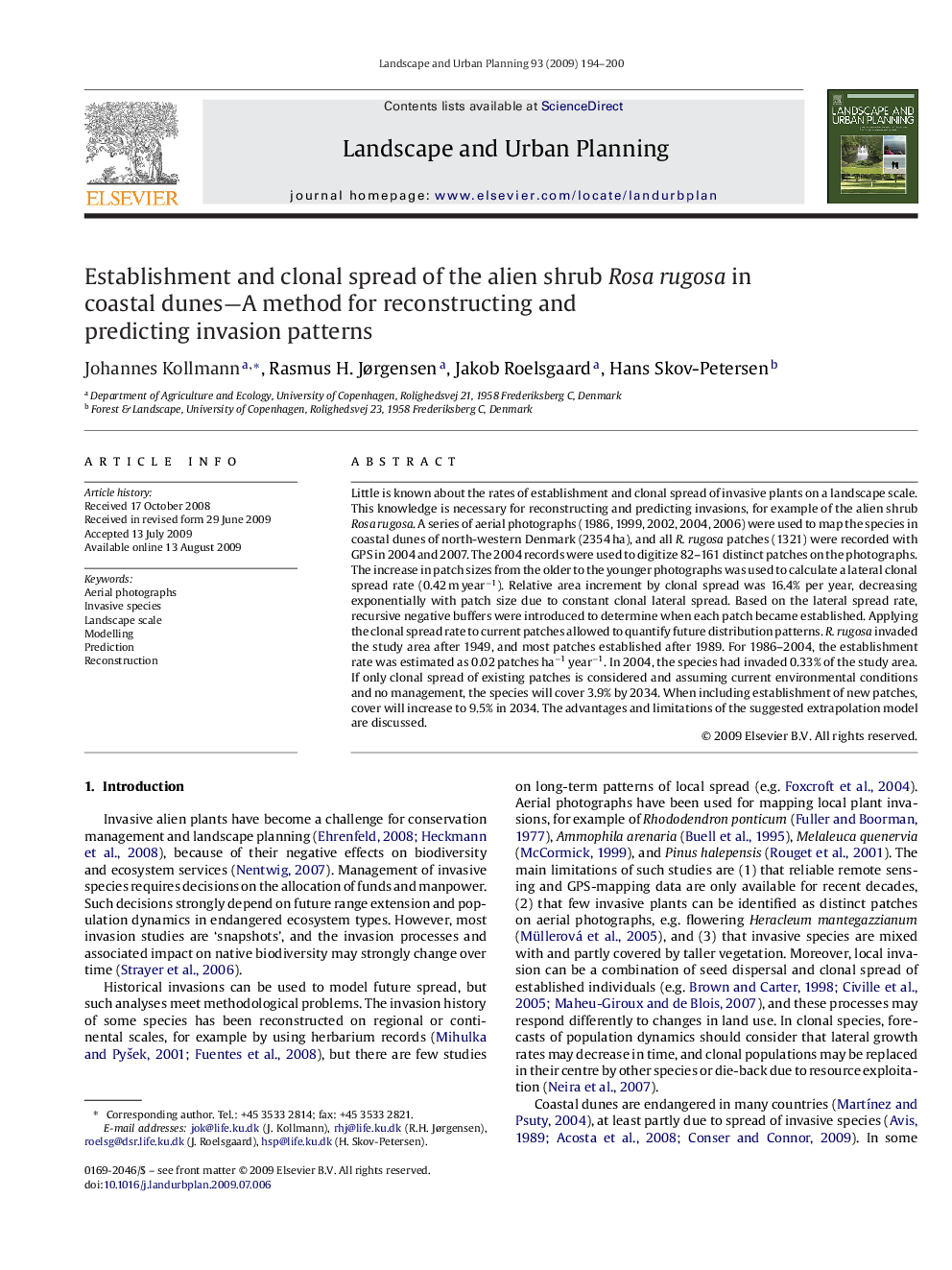 Establishment and clonal spread of the alien shrub Rosa rugosa in coastal dunes—A method for reconstructing and predicting invasion patterns