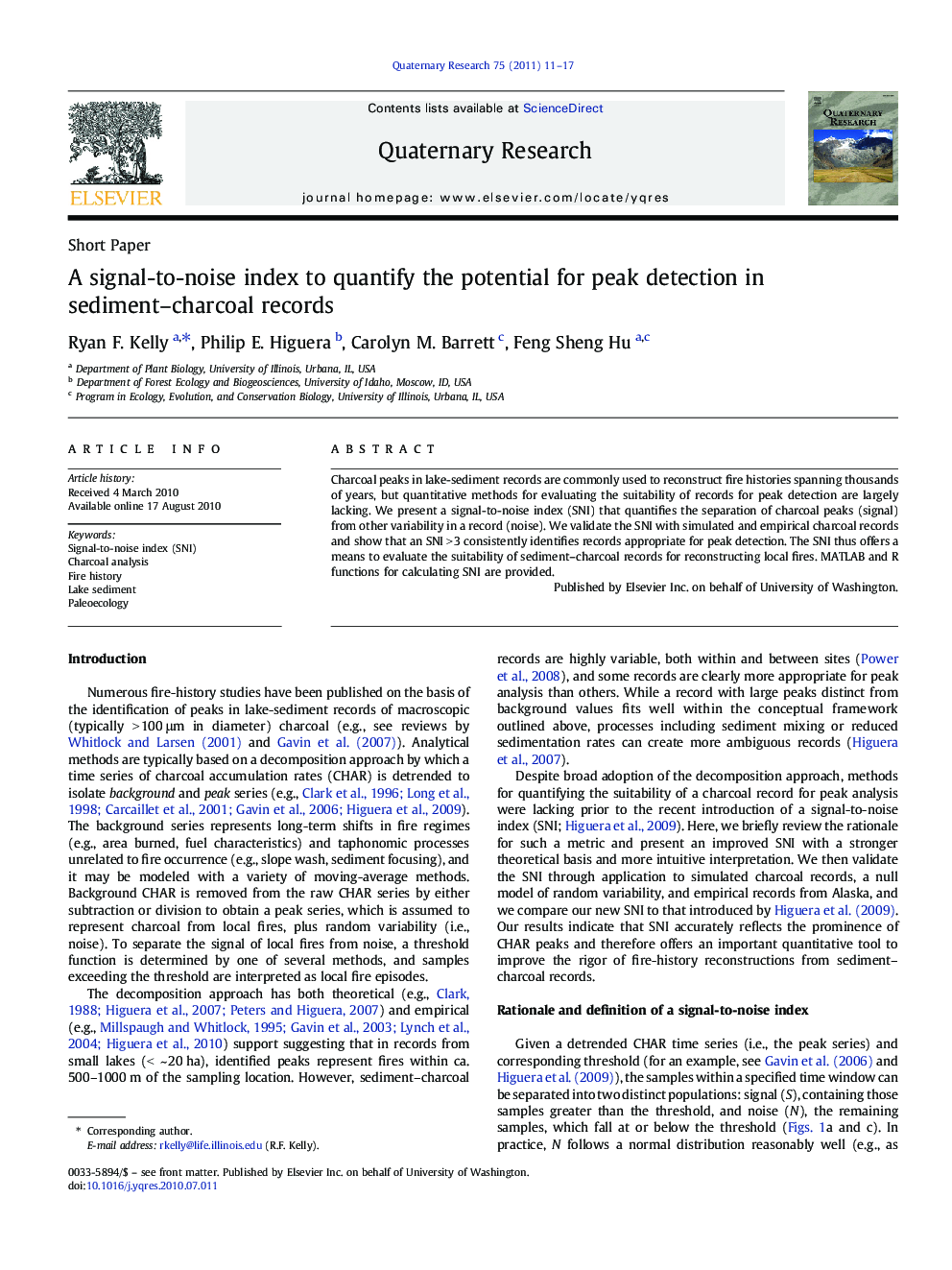 A signal-to-noise index to quantify the potential for peak detection in sediment-charcoal records