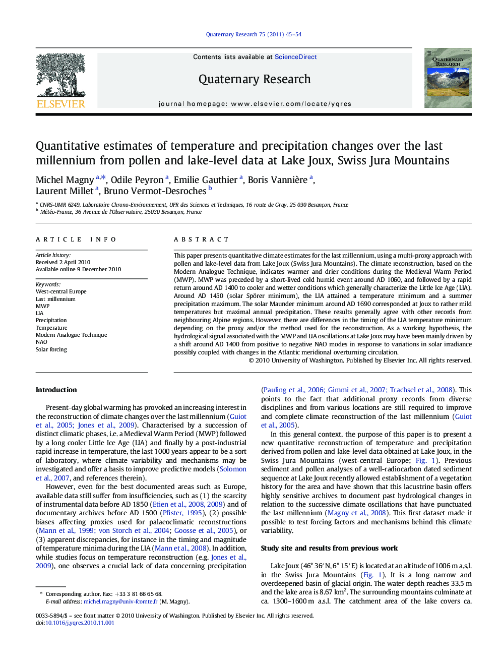 Quantitative estimates of temperature and precipitation changes over the last millennium from pollen and lake-level data at Lake Joux, Swiss Jura Mountains