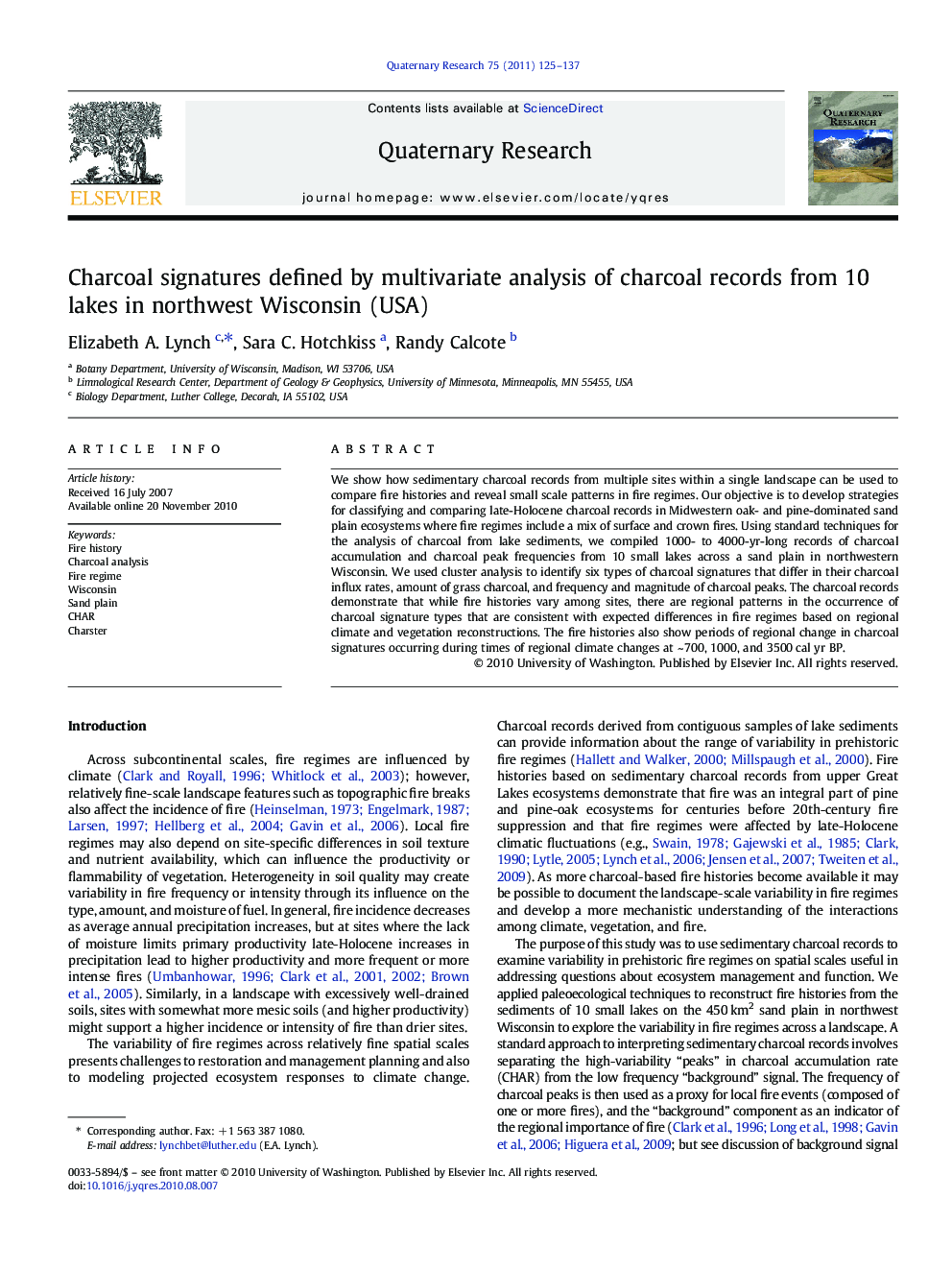 Charcoal signatures defined by multivariate analysis of charcoal records from 10 lakes in northwest Wisconsin (USA)