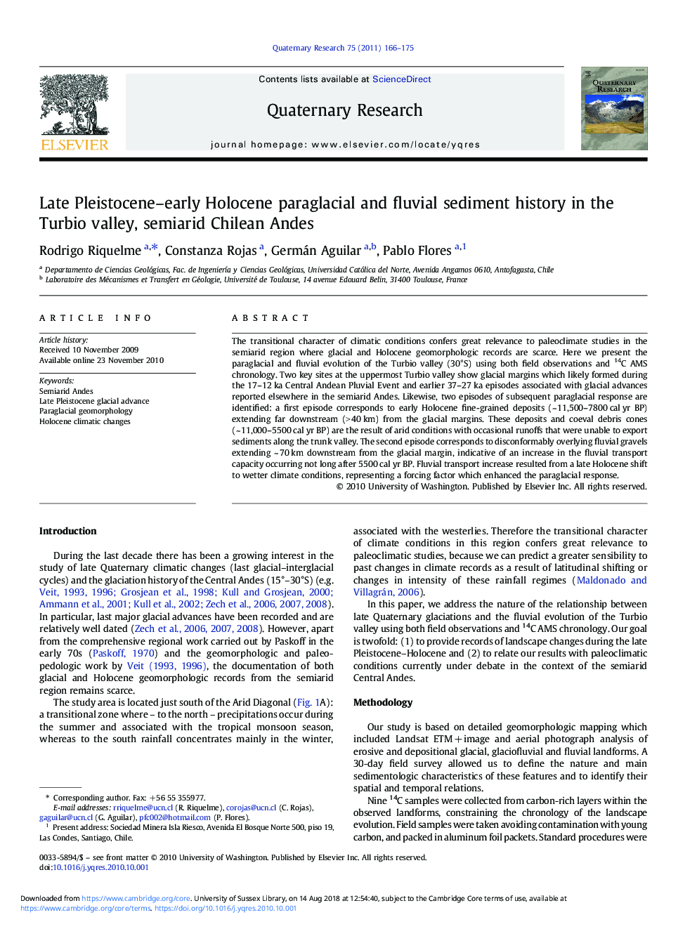 Late Pleistocene-early Holocene paraglacial and fluvial sediment history in the Turbio valley, semiarid Chilean Andes