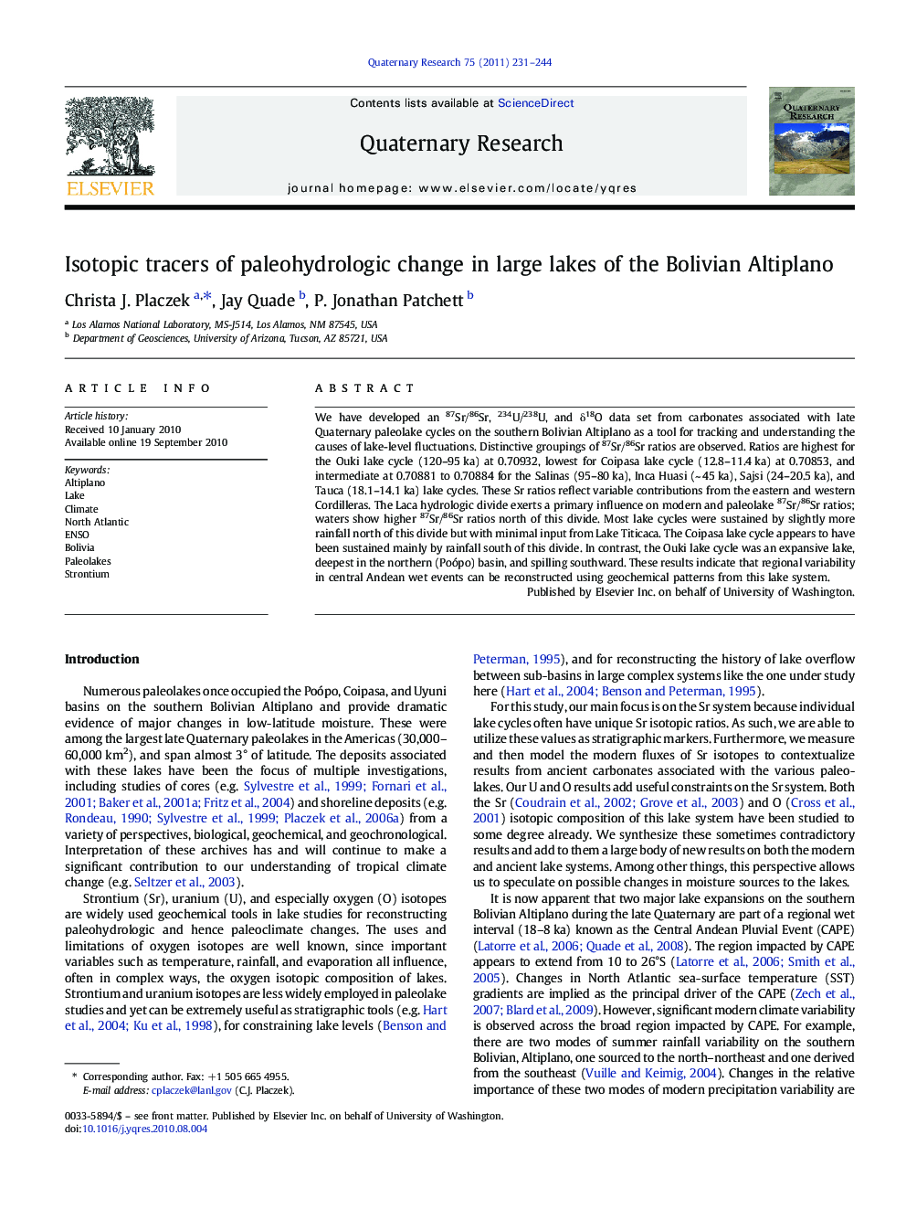 Isotopic tracers of paleohydrologic change in large lakes of the Bolivian Altiplano
