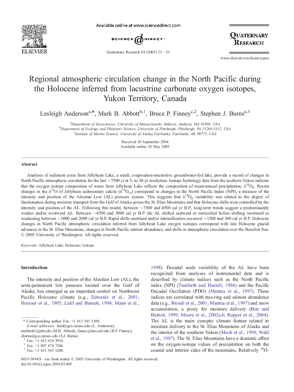 Regional atmospheric circulation change in the North Pacific during the Holocene inferred from lacustrine carbonate oxygen isotopes, Yukon Territory, Canada