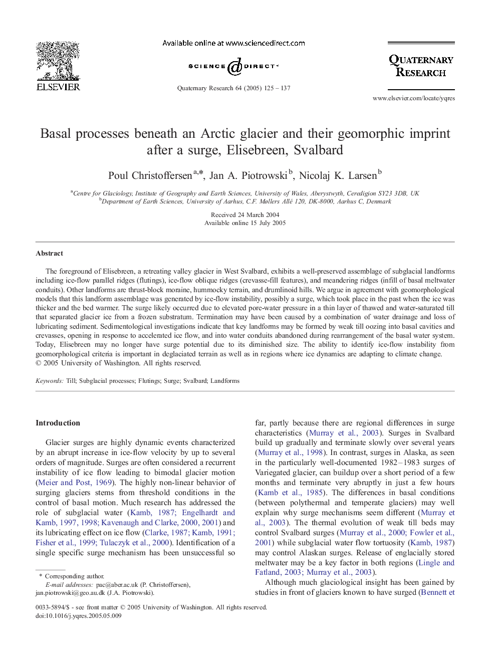 Basal processes beneath an Arctic glacier and their geomorphic imprint after a surge, Elisebreen, Svalbard