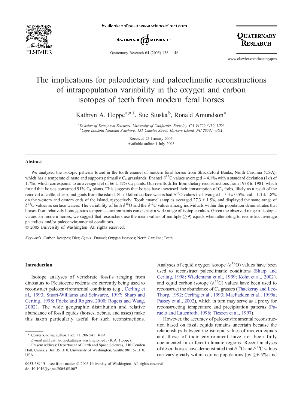 The implications for paleodietary and paleoclimatic reconstructions of intrapopulation variability in the oxygen and carbon isotopes of teeth from modern feral horses