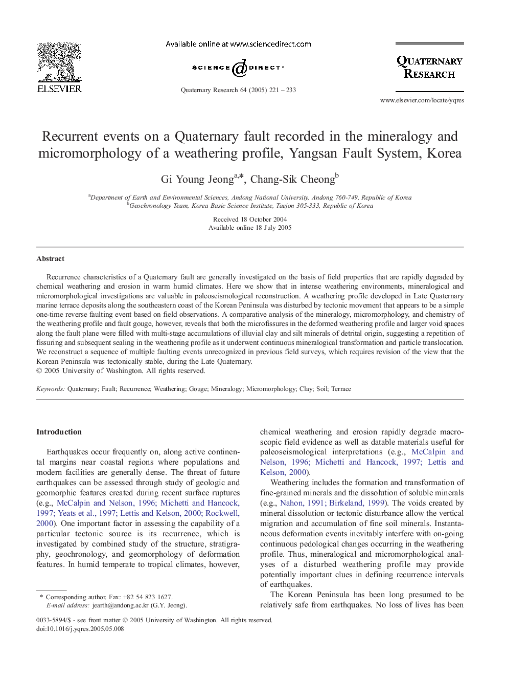 Recurrent events on a Quaternary fault recorded in the mineralogy and micromorphology of a weathering profile, Yangsan Fault System, Korea