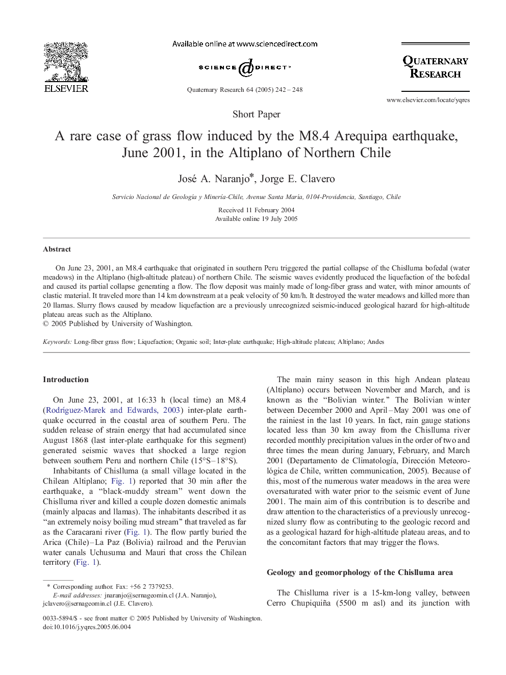 A rare case of grass flow induced by the M8.4 Arequipa earthquake, June 2001, in the Altiplano of Northern Chile