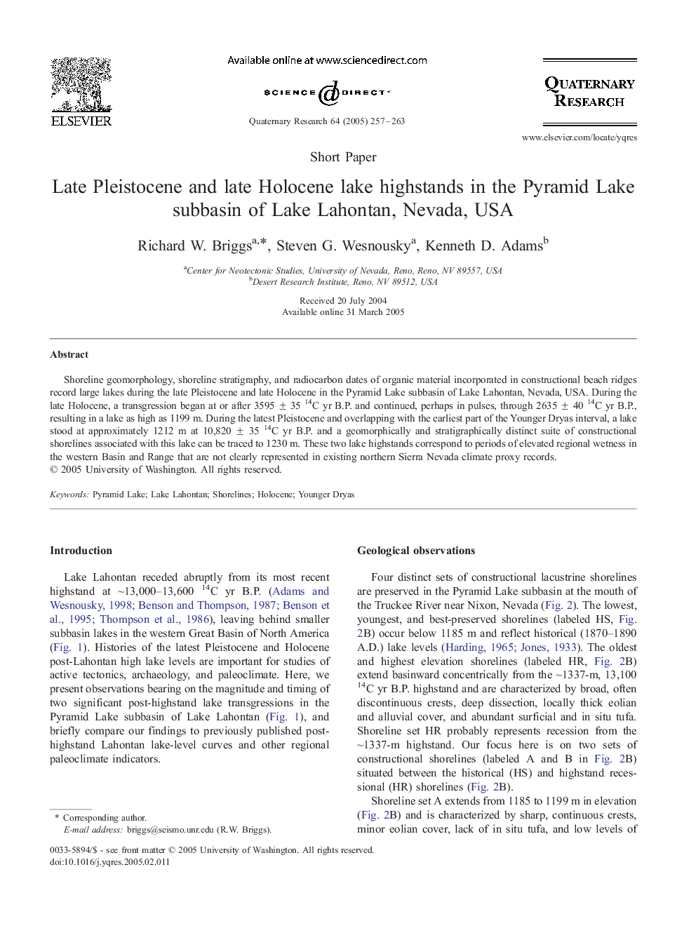 Late Pleistocene and late Holocene lake highstands in the Pyramid Lake subbasin of Lake Lahontan, Nevada, USA