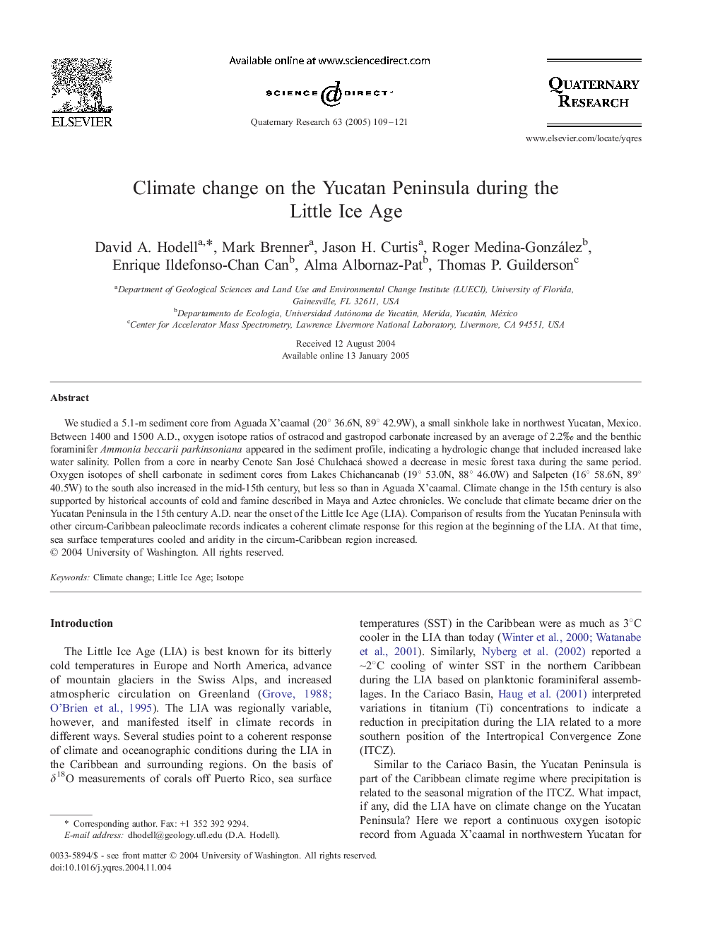 Climate change on the Yucatan Peninsula during the Little Ice Age