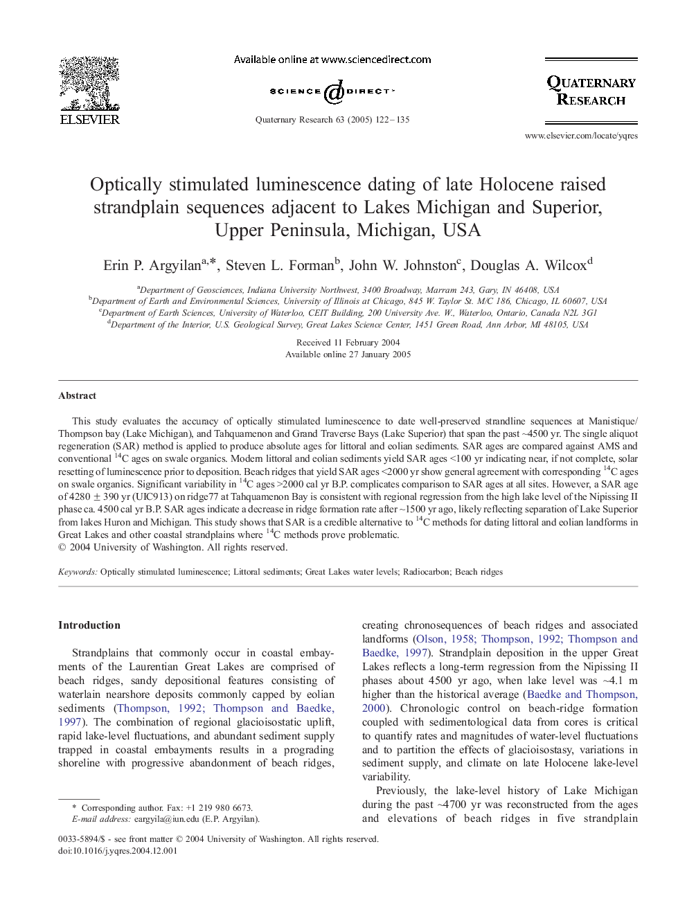 Optically stimulated luminescence dating of late Holocene raised strandplain sequences adjacent to Lakes Michigan and Superior, Upper Peninsula, Michigan, USA