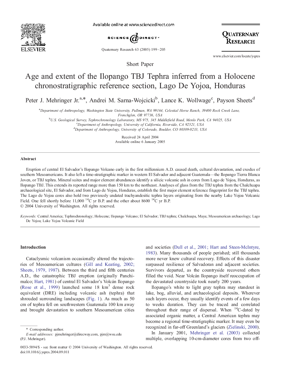 Age and extent of the Ilopango TBJ Tephra inferred from a Holocene chronostratigraphic reference section, Lago De Yojoa, Honduras