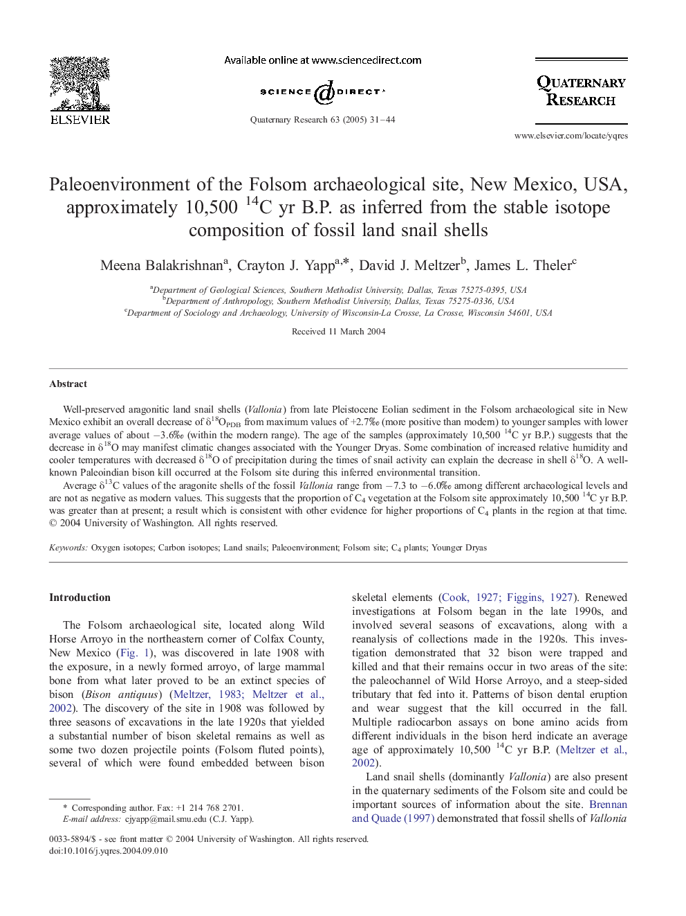 Paleoenvironment of the Folsom archaeological site, New Mexico, USA, approximately 10,500 14C yr B.P. as inferred from the stable isotope composition of fossil land snail shells