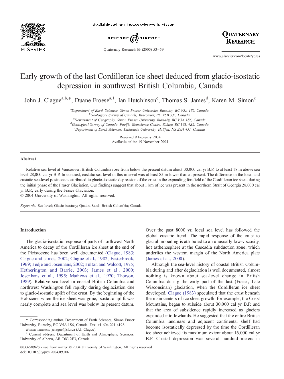 Early growth of the last Cordilleran ice sheet deduced from glacio-isostatic depression in southwest British Columbia, Canada