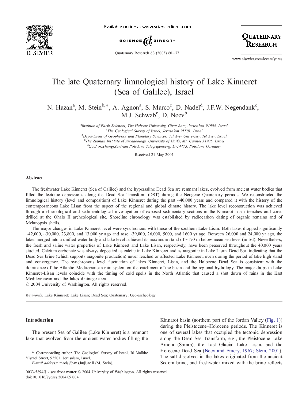 The late Quaternary limnological history of Lake Kinneret (Sea of Galilee), Israel