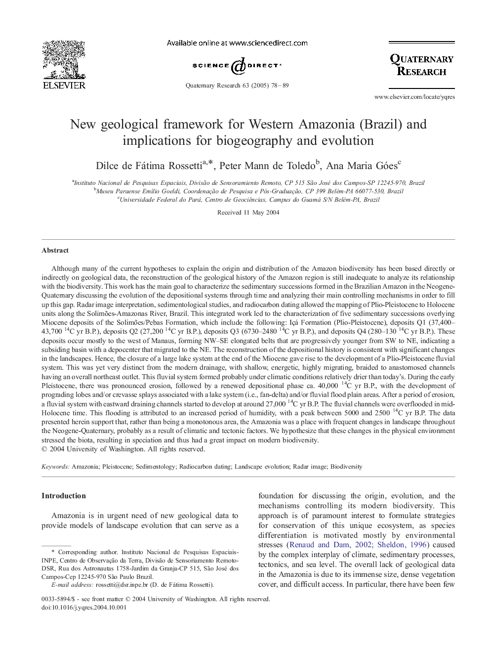 New geological framework for Western Amazonia (Brazil) and implications for biogeography and evolution