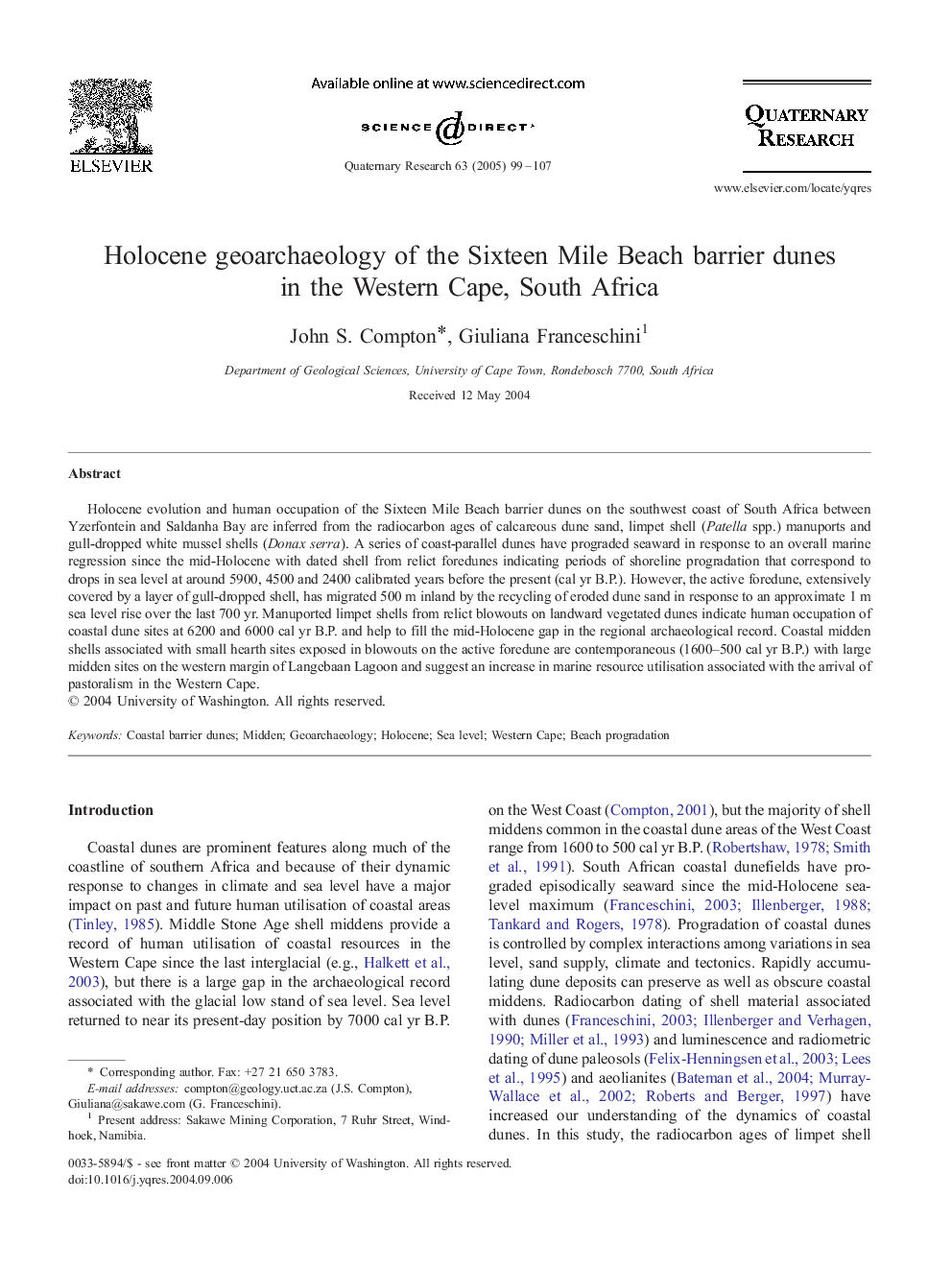 Holocene geoarchaeology of the Sixteen Mile Beach barrier dunes in the Western Cape, South Africa