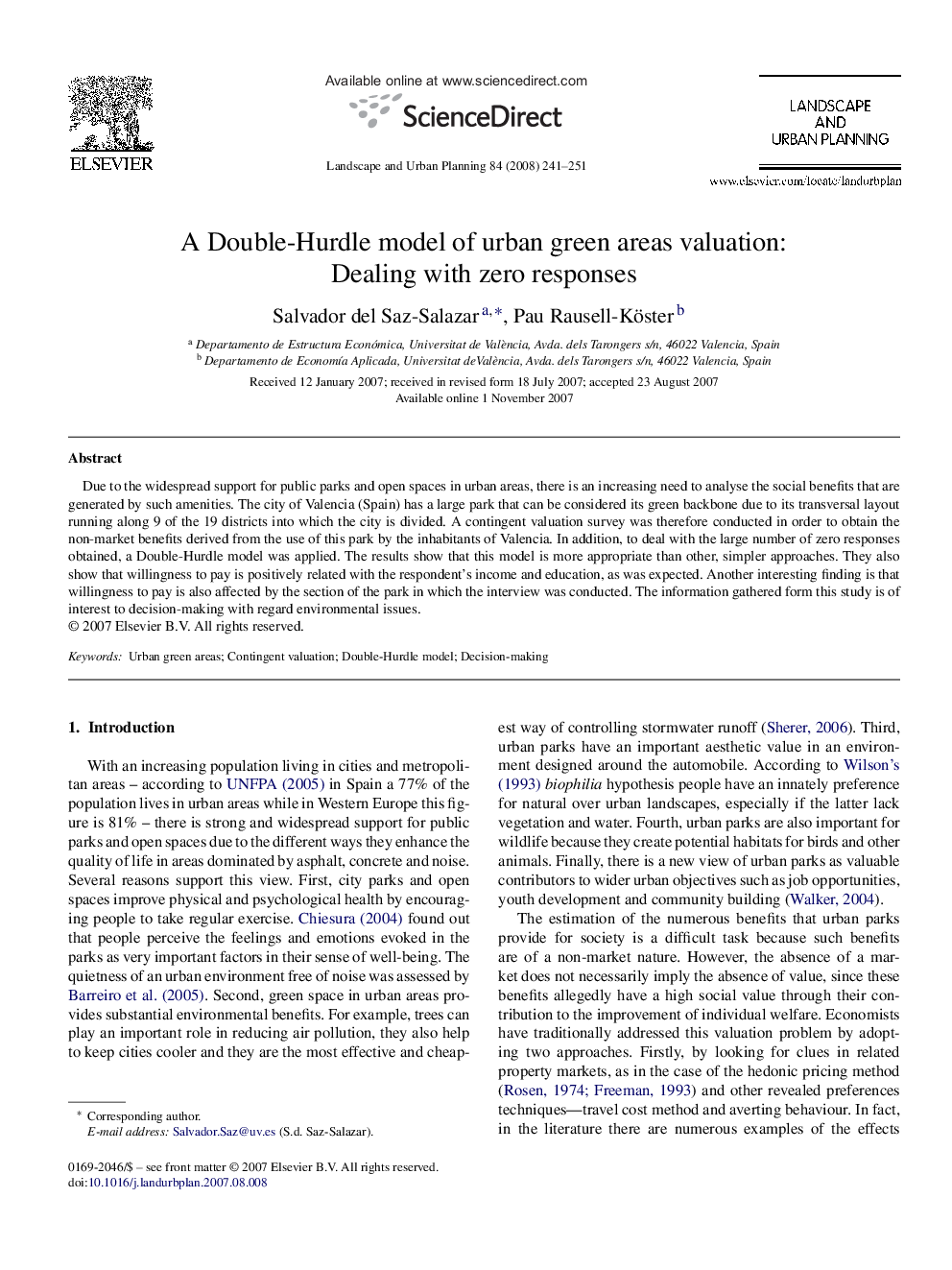 A Double-Hurdle model of urban green areas valuation: Dealing with zero responses